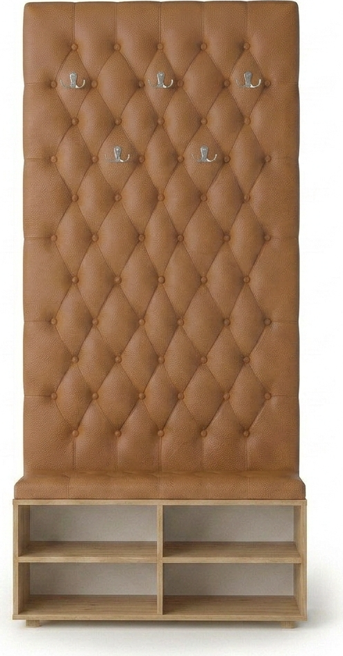 Fabrik Home Hol Siera Hallway Set of 2 Pieces, Stony Oak, Shoe Cabinet with 4 Sections and Chesterfield Tufted Upholstered Wall Support with 5 Metal Hooks, 90x210x36 cm