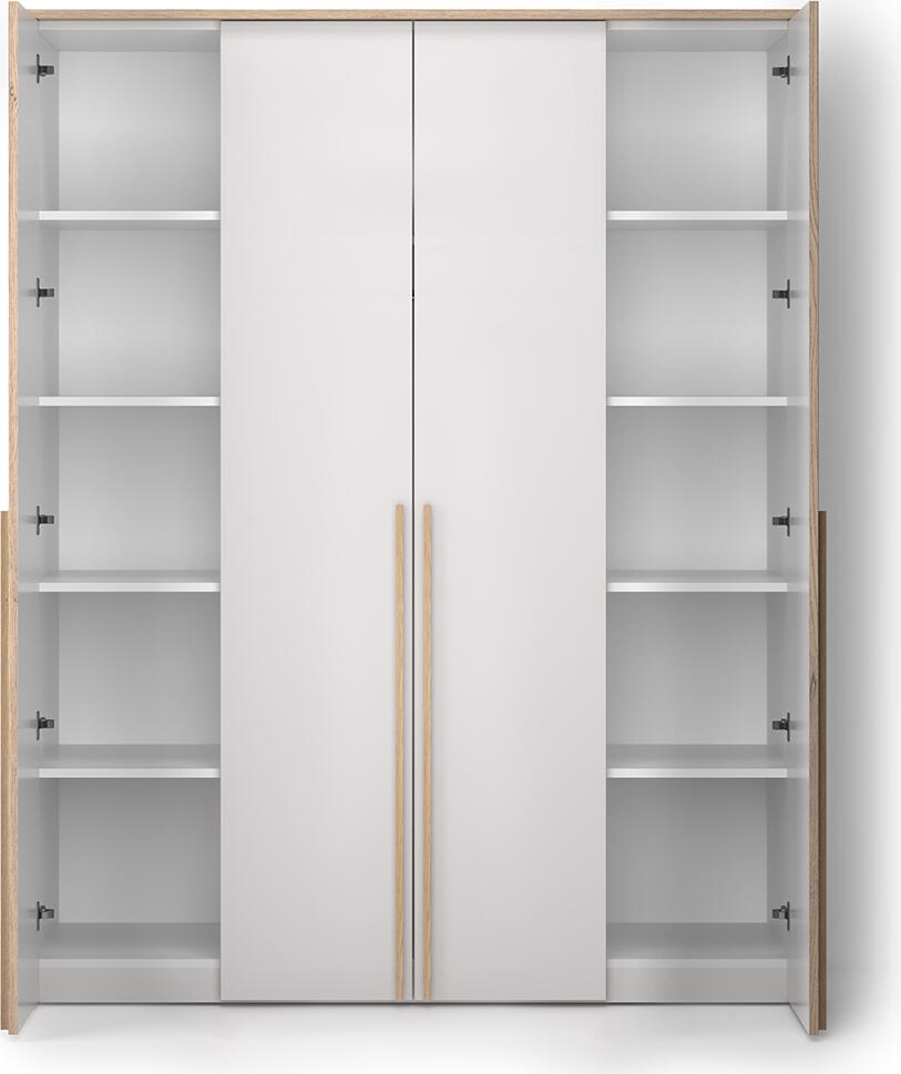 Dulap cu usi orizontale Fabrik Home Marshal, 1830x2090x550 mm, 4 usi, 3 sectiuni interne cu bara de haine și rafturi, Alb și Stejar Barroko