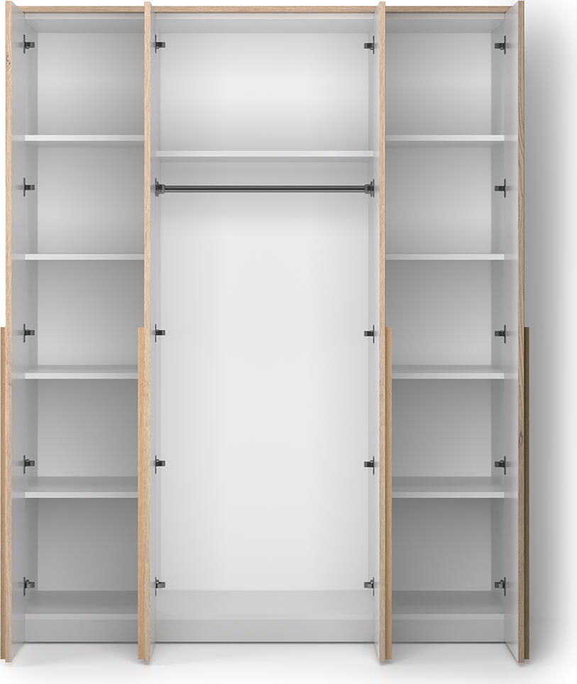 Dulap cu usi orizontale Fabrik Home Marshal, 1830x2090x550 mm, 4 usi, 3 sectiuni interne cu bara de haine și rafturi, Alb și Stejar Barroko