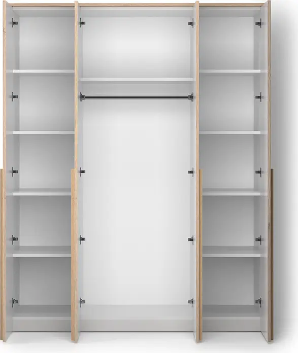 Dulap cu usi orizontale Fabrik Home Marshal, 1830x2090x550 mm, 4 usi, 3 sectiuni interne cu bara de haine și rafturi, Alb și Stejar Barroko