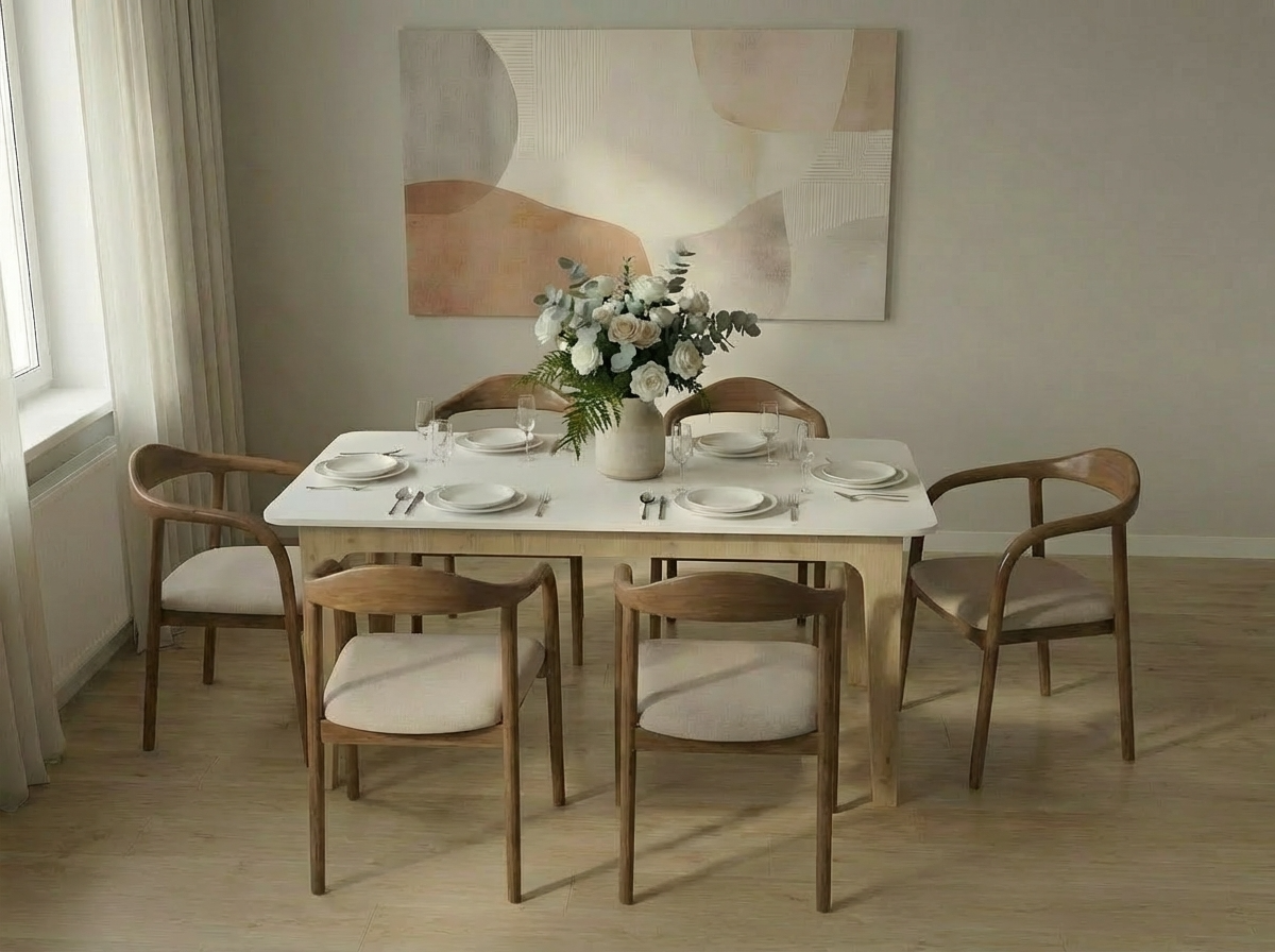 Masa Extensibila Fabrik Home Crown, Stejar Evok si Alb, 1440-1950 x 900 x 770 mm, Masa de Bucatarie Pliabila pentru 4-8 Persoane
