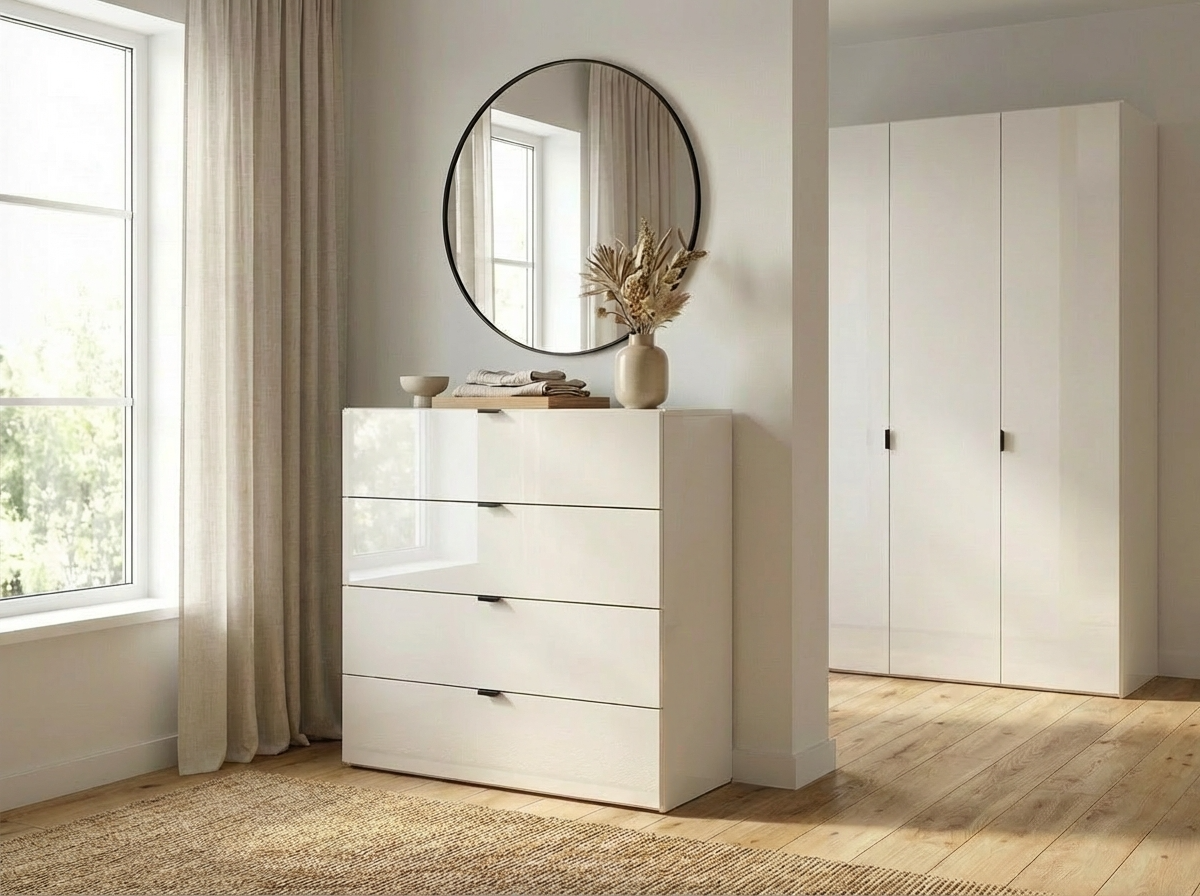 Comoda Fabrik Home HARDY, 4 Sertare, Fronturi din MDF, Design Elegant cu Manere Rafinate, Culoare Frasin Alb