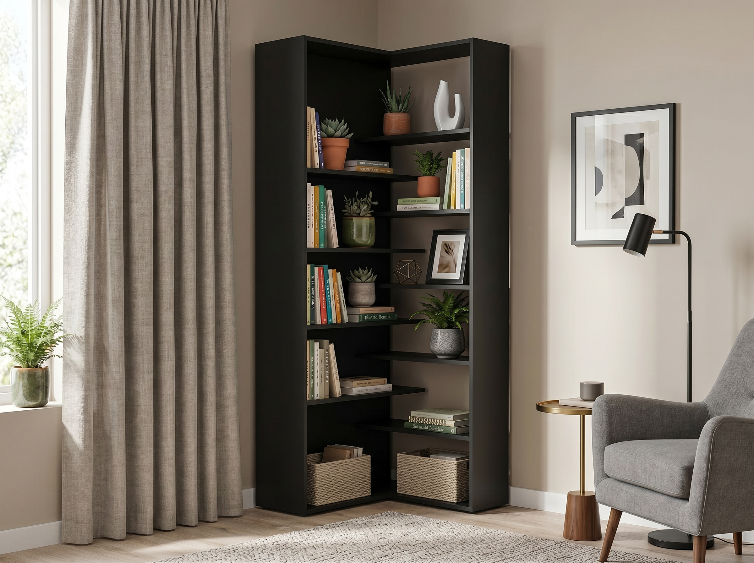 Fabrik Home Hardy Corner Shelf Unit, Modern Staggered Design, Black Ash, 2000mm x 520mm x 520mm