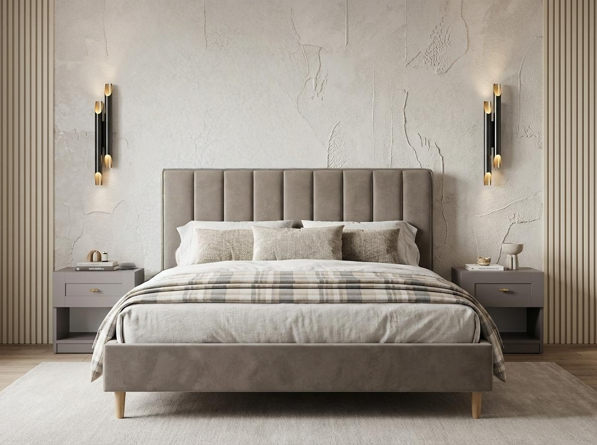 SidiM Stefania 4 Double Bed, 160x200 cm, Hydraulic Lift-up Storage, Upholstered Geometric Headboard, Walnut Wooden Legs