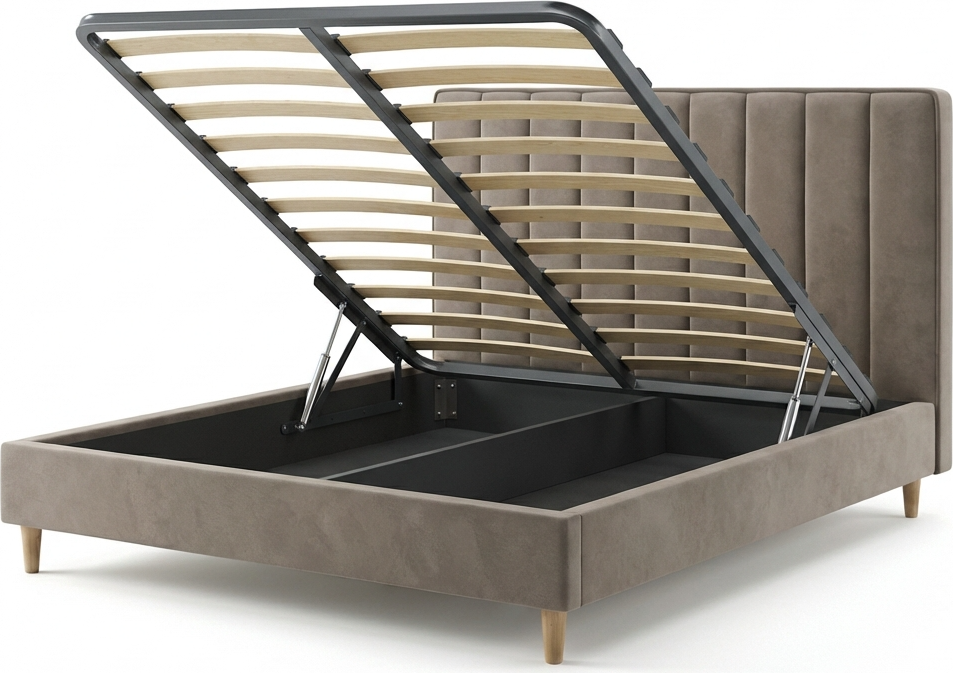 SidiM Stefania 4 Double Bed, 160x200 cm, Hydraulic Lift-up Storage, Upholstered Geometric Headboard, Walnut Wooden Legs