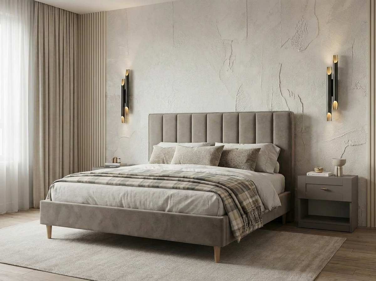 SidiM Stefania 4 Double Bed, 160x200 cm, Hydraulic Lift-up Storage, Upholstered Geometric Headboard, Walnut Wooden Legs