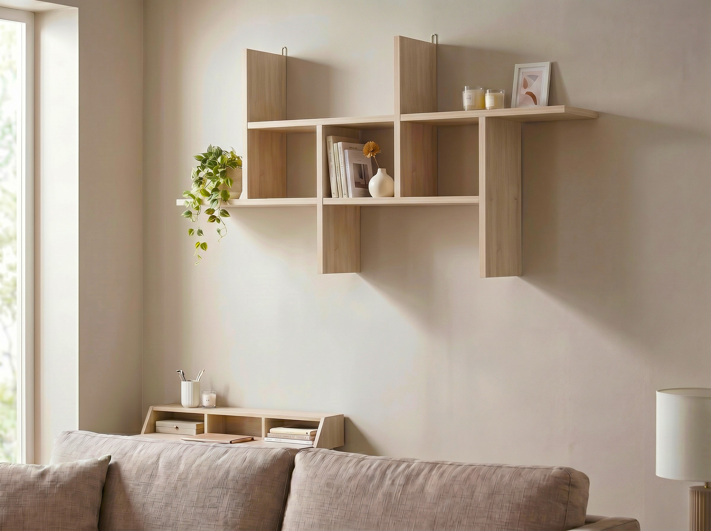 Fabrik Home Rondo Wall Shelf, Asymmetrical Geometric Design, Sonoma Oak, 1140x880x200 mm, for Living Room or Office