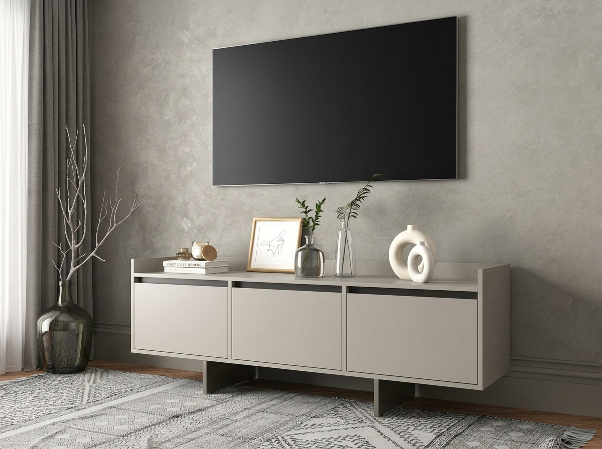 Fabrik Home Talin Low Profile TV Stand, Black Ash Matte Finish, 3 Spacious Easy-Sliding Drawers for Media and Console Storage