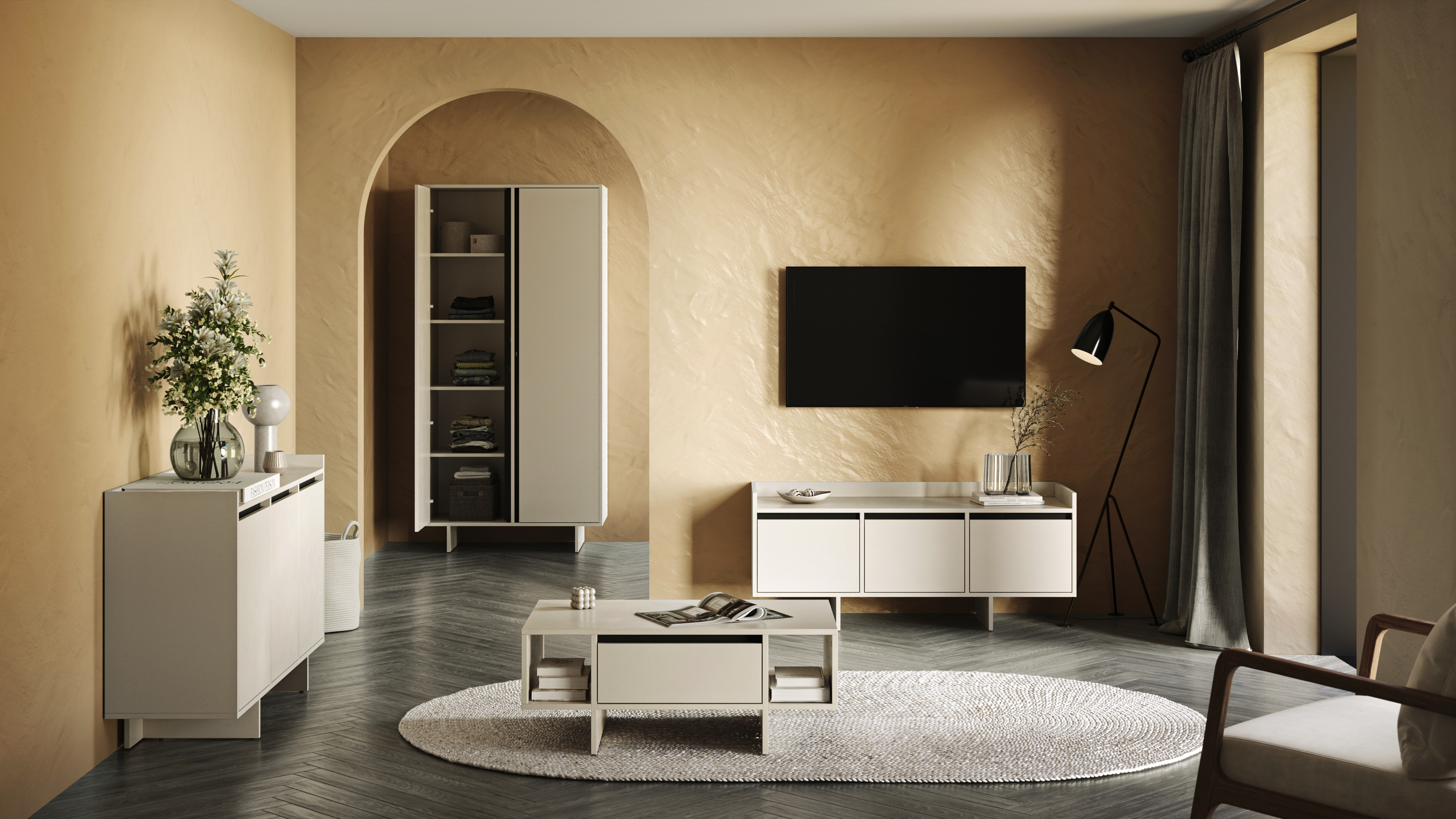 Comoda Fabrik Home Talin, Frasin Negru, Design Minimalist cu 3 Usi si 3 Compartimente Spatiose cu Rafturi pentru Sufragerie sau Dormitor