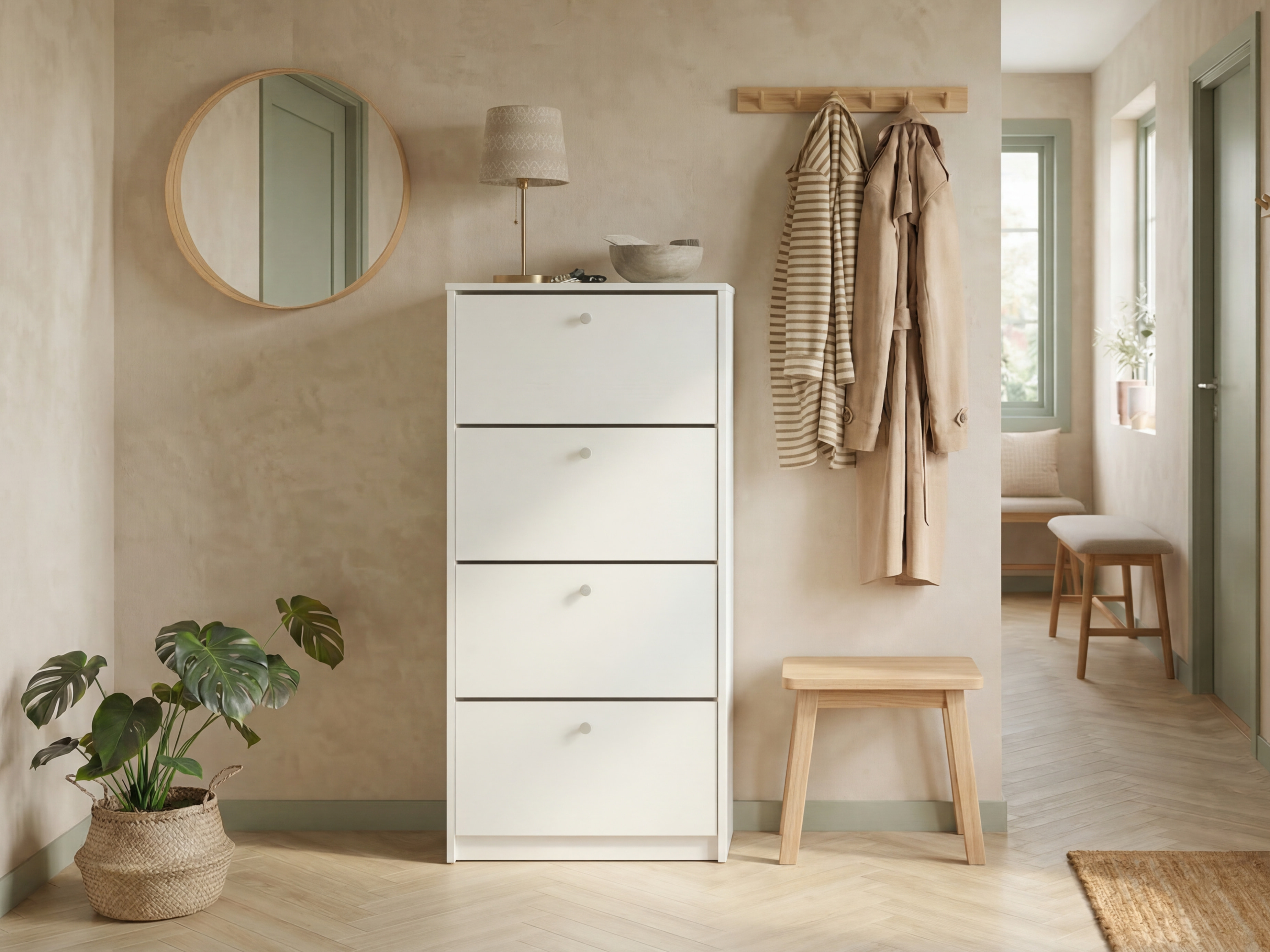 Dulap pentru încălțăminte Fabrik Home 600mm Frasin alb, 4 uși rabatabile, Organizator compact pentru hol, 1680x260x600mm
