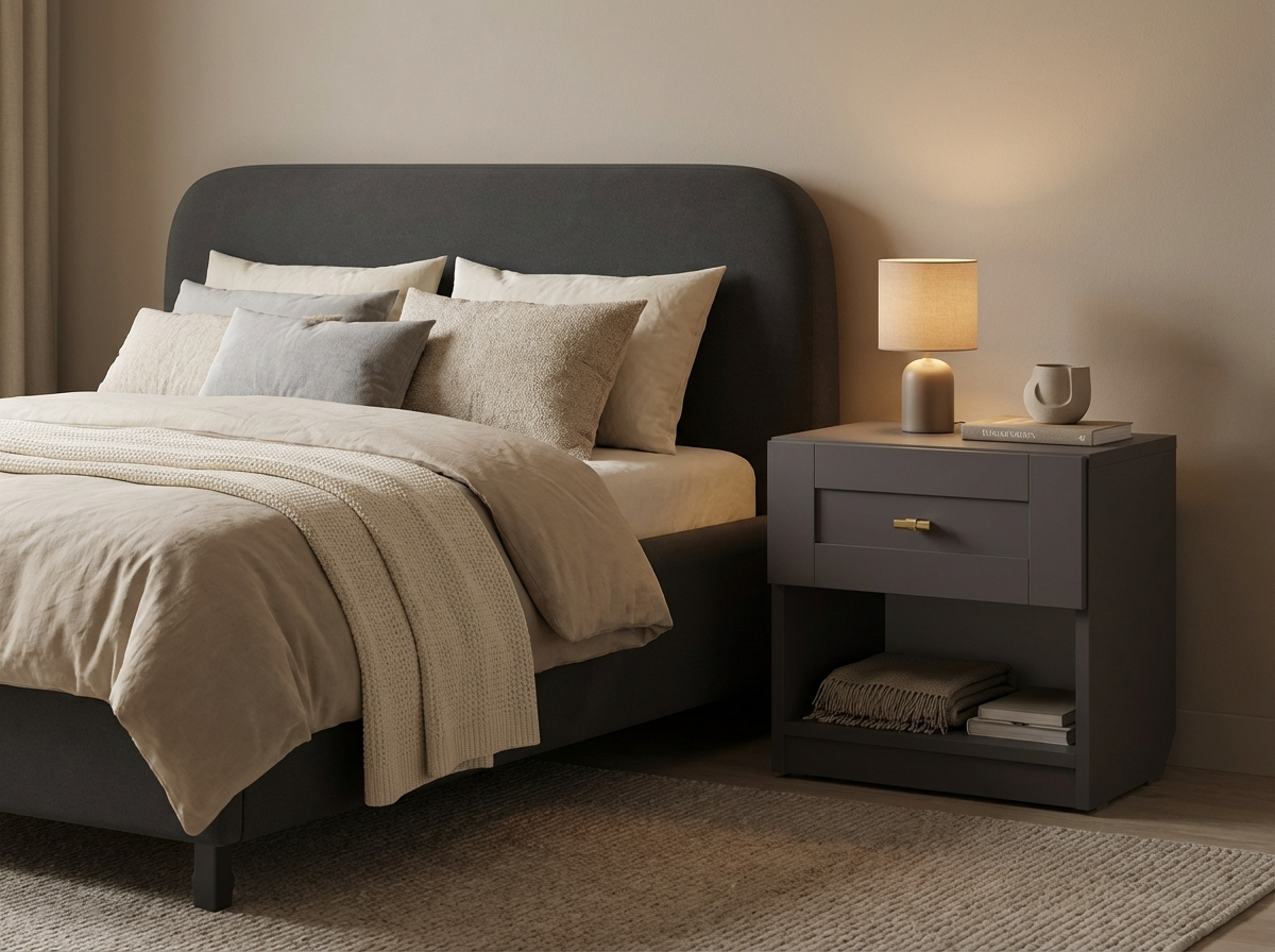 Fabrik Home Mezzo 2 Nightstand, Cobalt Grey, 450x450x350mm, 1 Drawer with Gold Handle and 1 Open Shelf, Elegant Compact Design
