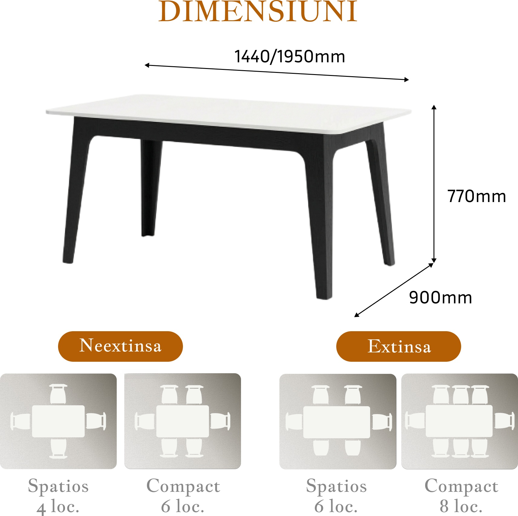 Fabrik Home Crown Extendable Dining Table, Anthracite, 1440-1950mm x 900mm x 770mm, Foldable Mechanism for 6-8 People