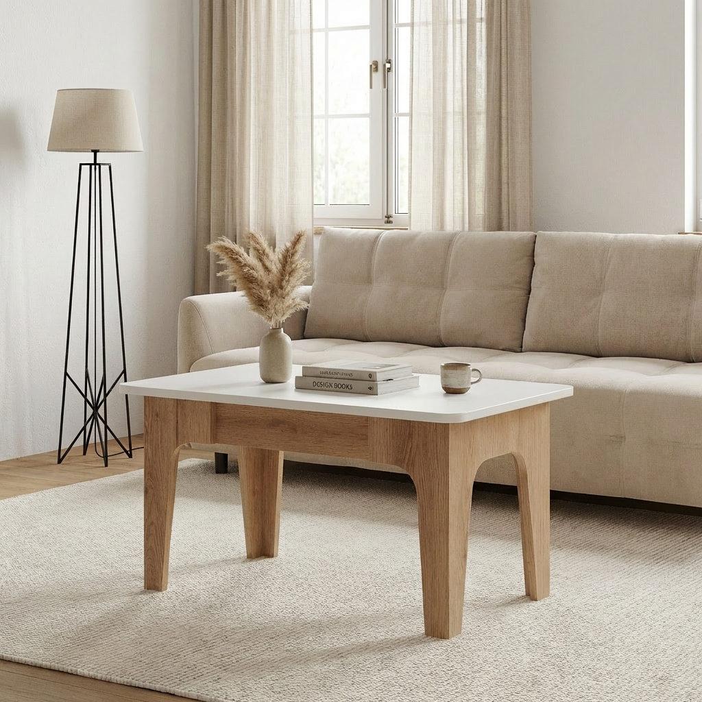 Fabrik Home Crown Coffee Table, Evok Oak Finish with White Tabletop, 900x500x450mm, Elegant Living Room Furniture