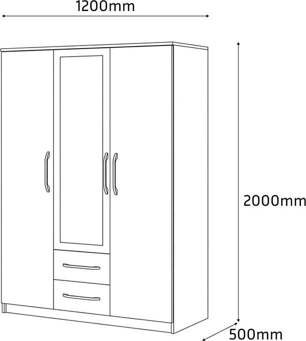 Fabrik Home Linia 1200 Wardrobe, White Ash, Laminated Chipboard, 1200x2000x500mm, 3 Sections with Mirror, Shelves and Drawers
