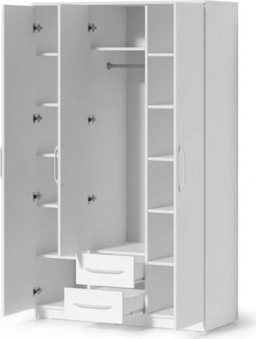 Fabrik Home Linia 1200 Wardrobe, White Ash, Laminated Chipboard, 1200x2000x500mm, 3 Sections with Mirror, Shelves and Drawers