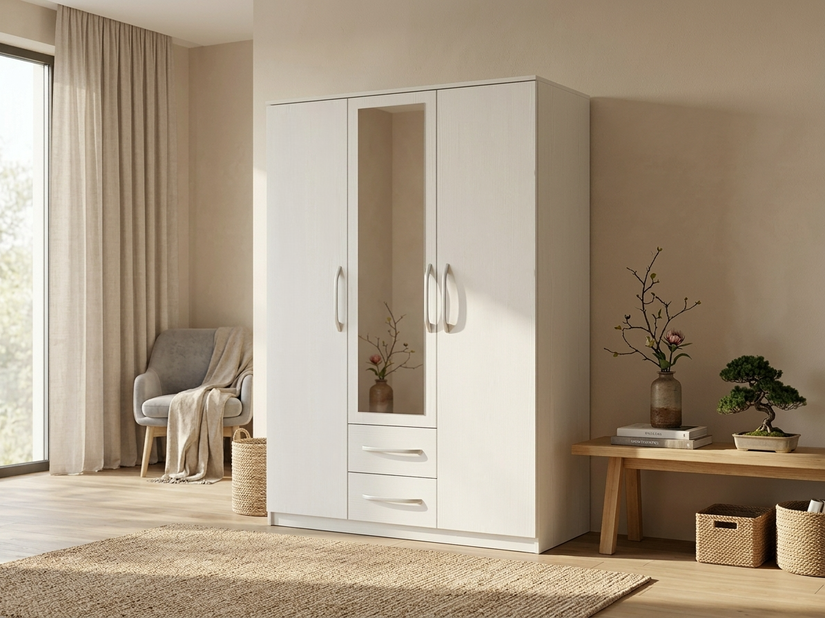 Fabrik Home Linia 1200 Wardrobe, White Ash, Laminated Chipboard, 1200x2000x500mm, 3 Sections with Mirror, Shelves and Drawers