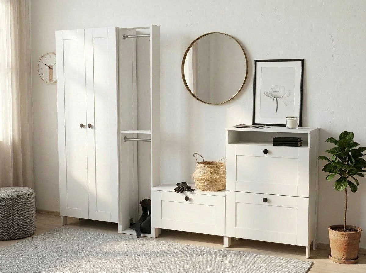 Fabrik Home Mezzo Hallway Wardrobe Cabinet, Scandinavian Minimalist, 2 Doors, White, 700x1950x360mm, with Hanging Rod and Shelves