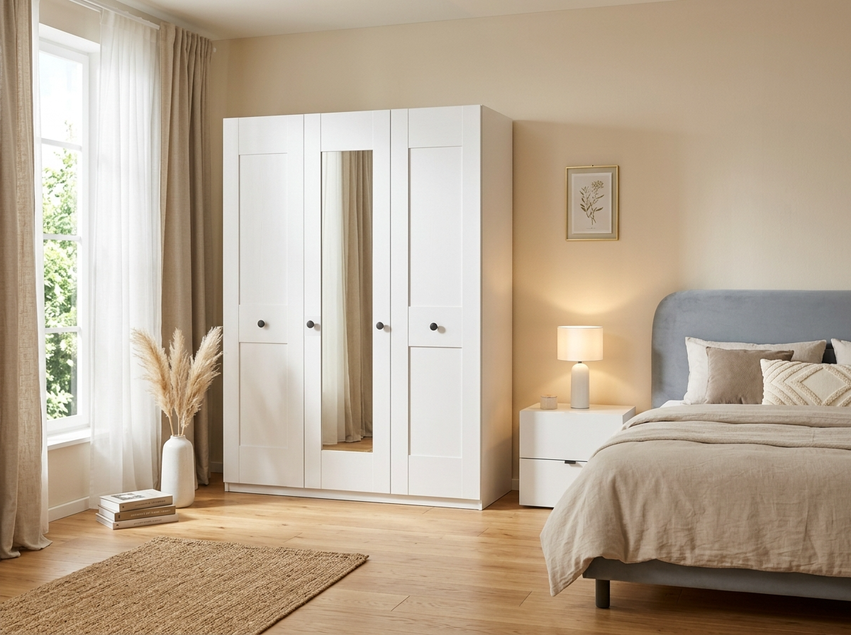 Fabrik Home Mezzo 1500 Hinged Door Wardrobe, White Ash Laminated Chipboard, 1500x2000x500mm, 3 Doors with Mirror, Internal Shelves and Drawers