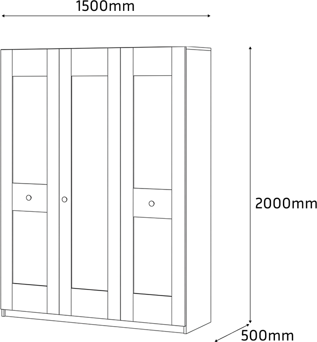 Fabrik Home Mezzo 1500 Hinged Door Wardrobe, White Ash Laminated Chipboard, 1500x2000x500mm, 3 Doors with Mirror, Internal Shelves and Drawers