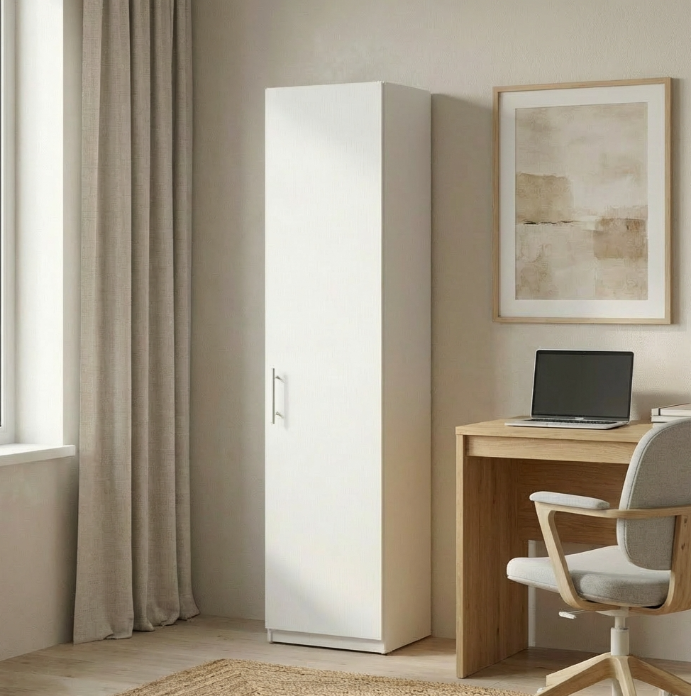 Fabrik Home Office Line 10 Office Cabinet, White Ash Particle Board PAL, 50x40x200 cm, Tall Narrow Storage Cupboard with 4 Shelves and Single Door