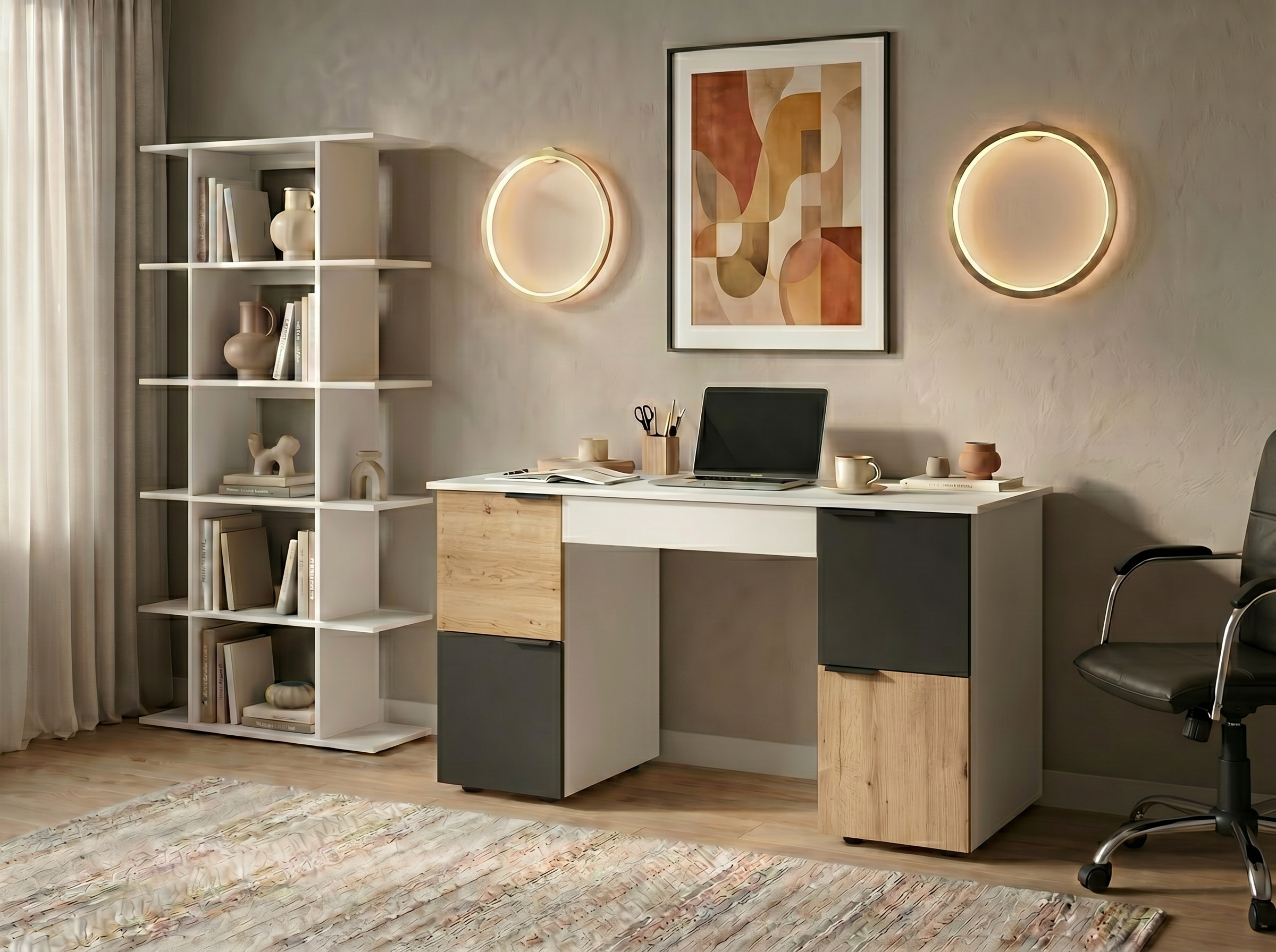 Birou Fabrik Home MATEO, PAL Frasin alb, 1400x820x600 mm, 1 Sertar si 4 rafturi laterale cu fronturi multicolore, Birou pentru office sau studenti