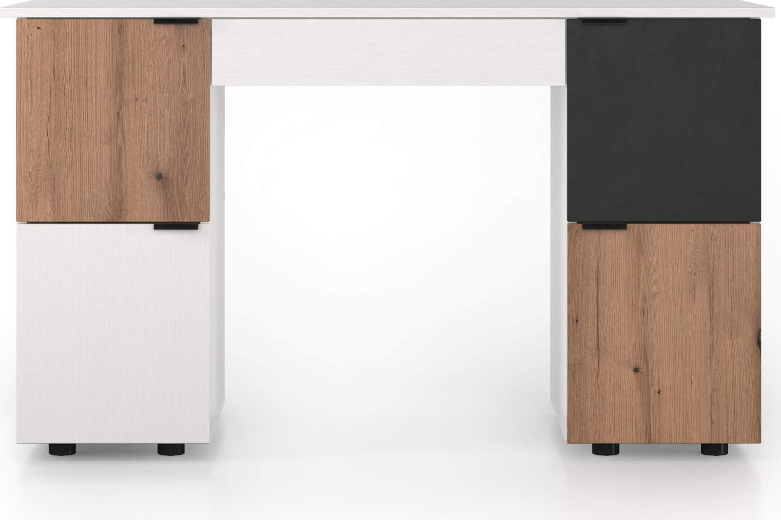 Birou Fabrik Home MATEO, PAL Frasin alb, 1400x820x600 mm, 1 Sertar si 4 rafturi laterale cu fronturi multicolore, Birou pentru office sau studenti