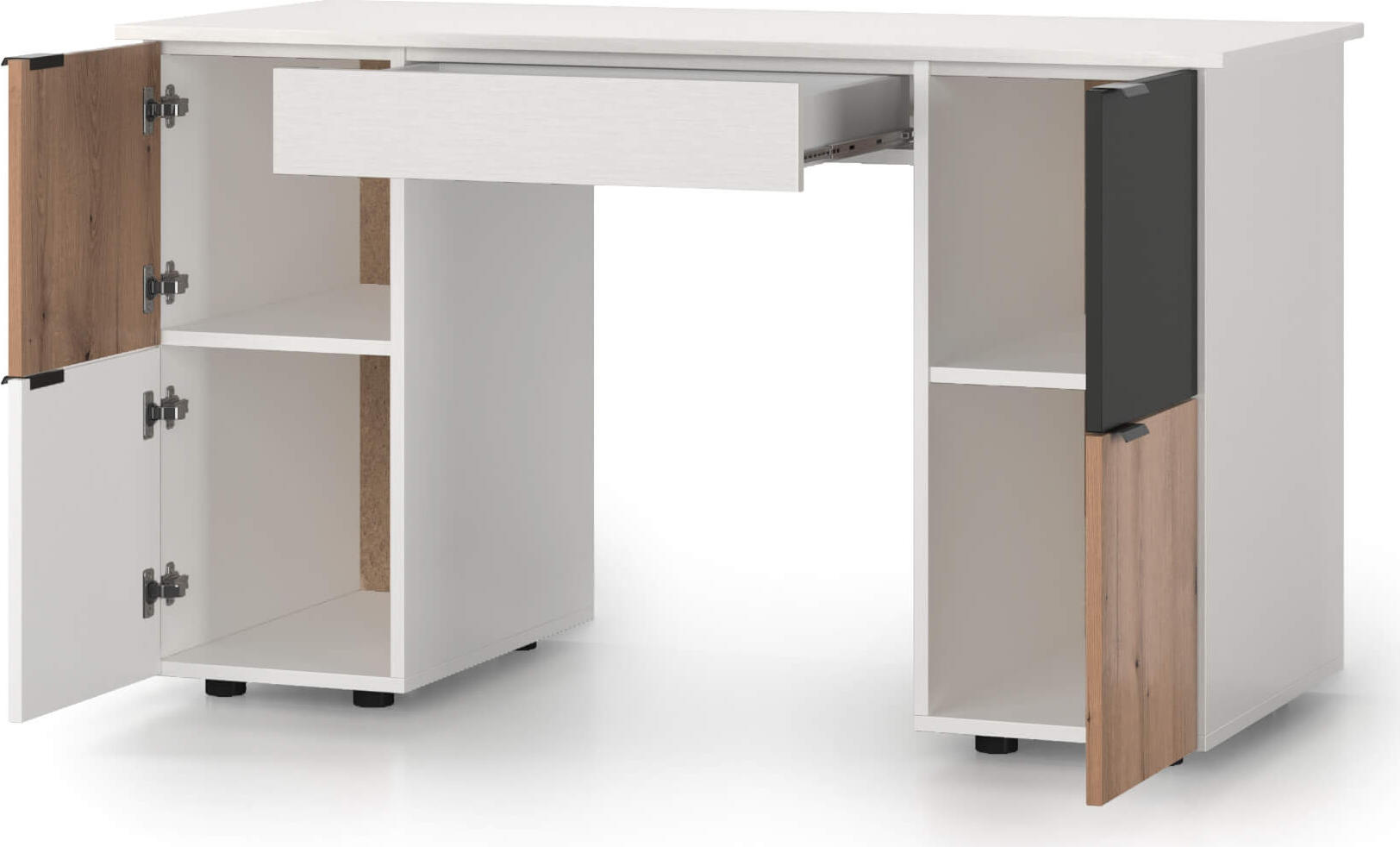 Birou Fabrik Home MATEO, PAL Frasin alb, 1400x820x600 mm, 1 Sertar si 4 rafturi laterale cu fronturi multicolore, Birou pentru office sau studenti