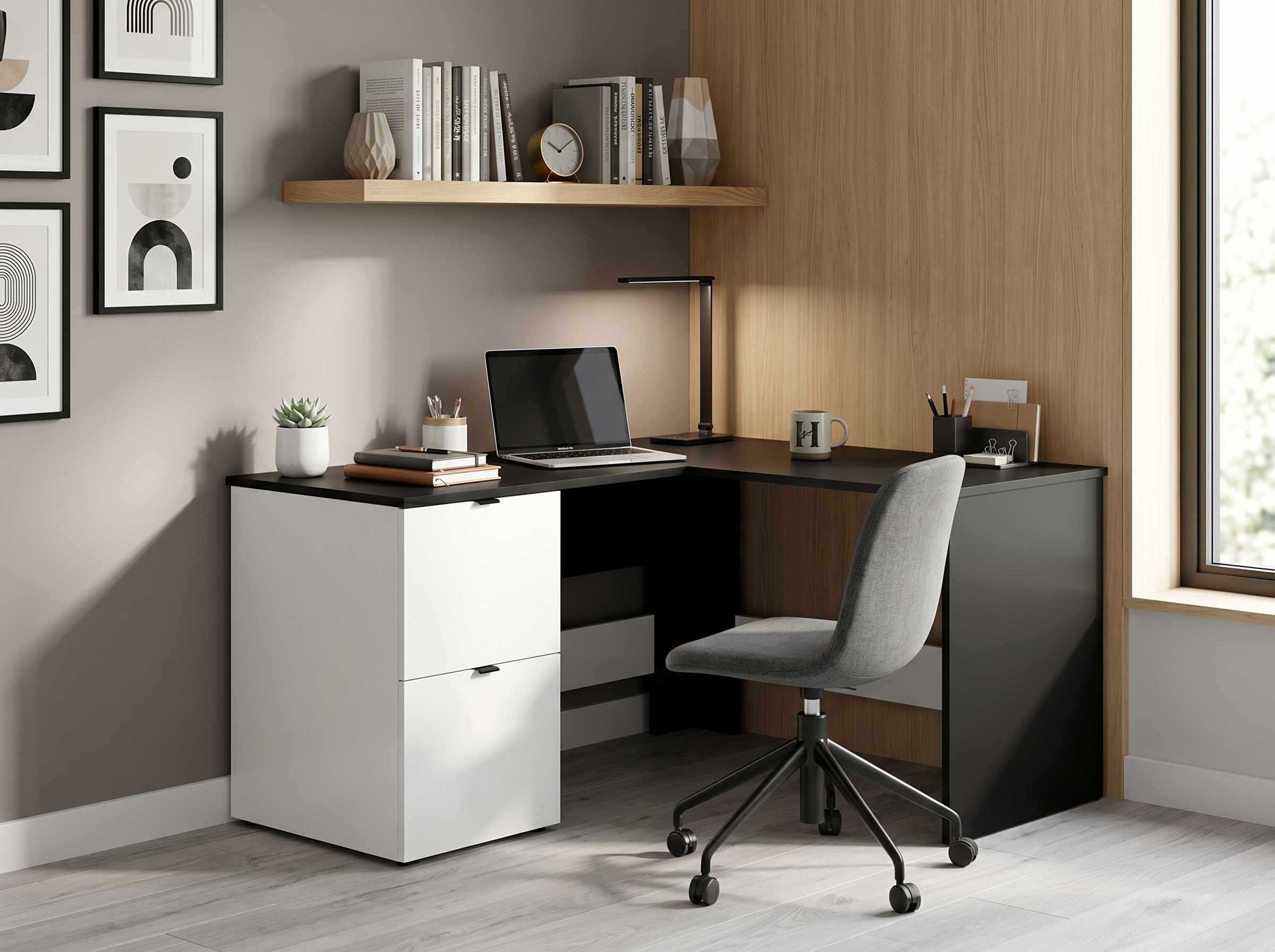 Fabrik Home MATEO Corner Desk, Black Ash, 1300x1300x750 mm, Computer Table with Drawer and Hidden Shelves for Home and Office