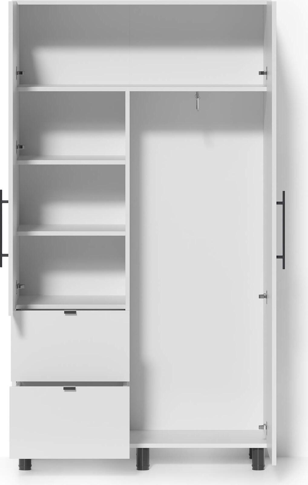 Dulap Fabrik Home Dulap 1100, Alb, 1100x2000x500mm, Grosime Material 16mm, 2 Usi cu Balamale, 2 Sertare, Uloare si Rafturi, Picioare Negre