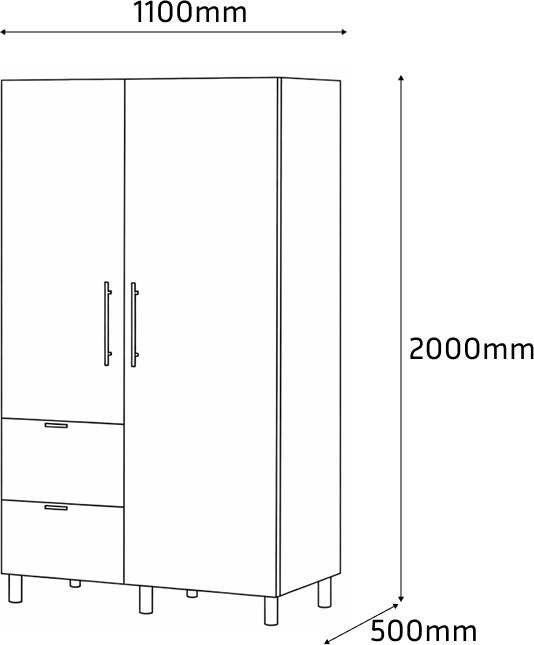 Dulap Fabrik Home Dulap 1100, Alb, 1100x2000x500mm, Grosime Material 16mm, 2 Usi cu Balamale, 2 Sertare, Uloare si Rafturi, Picioare Negre