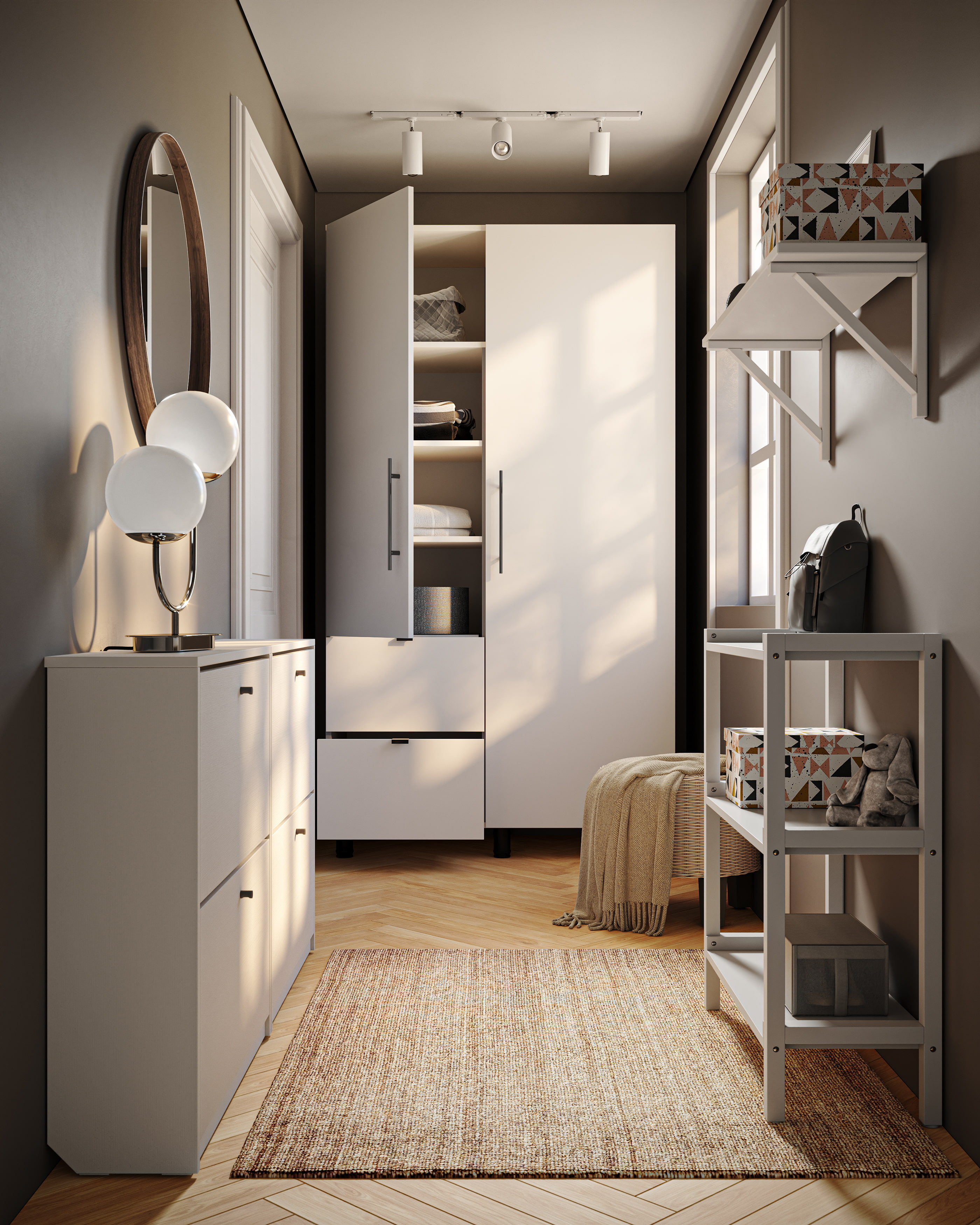 Dulap Fabrik Home Dulap 1100, Alb, 1100x2000x500mm, Grosime Material 16mm, 2 Usi cu Balamale, 2 Sertare, Uloare si Rafturi, Picioare Negre