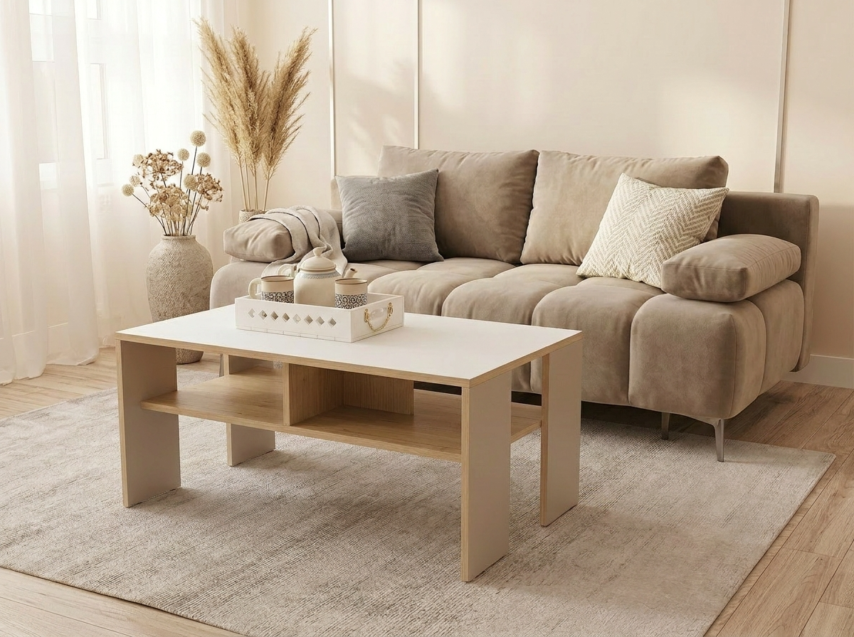 Fabrik Home Lenox Coffee Table with Storage Shelf, Compact and Robust Design with Wide Side Panels for Stability, Cashmere and Oak