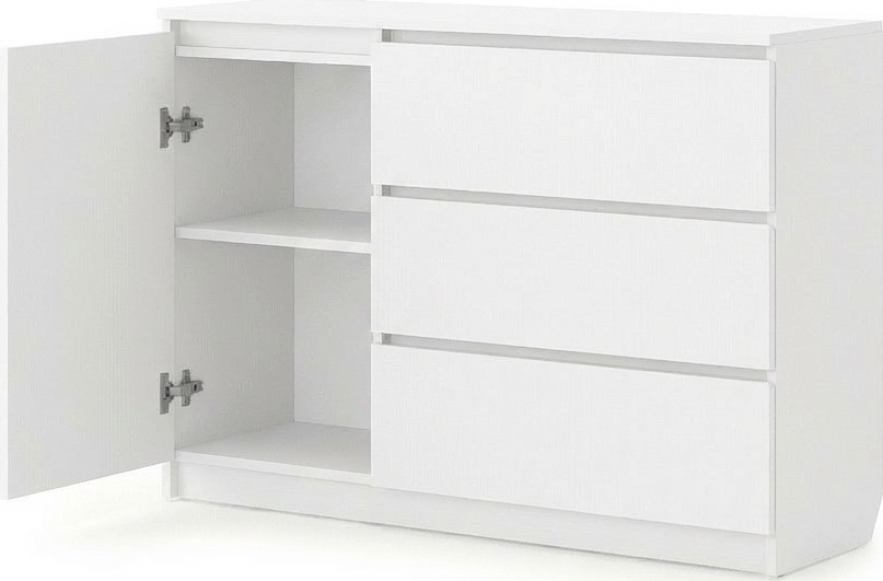 Comoda Fabrik Home Havana, Alb, 3 Sertare si 1 Usi cu raft internal, Design Minimalist fara manere pentru Sufragerie sau Dormitor