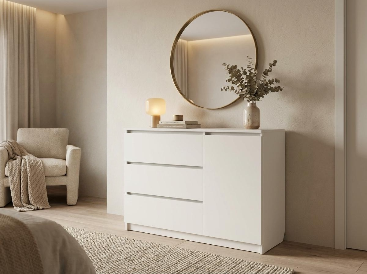 Comoda Fabrik Home Havana, Alb, 3 Sertare si 1 Usi cu raft internal, Design Minimalist fara manere pentru Sufragerie sau Dormitor