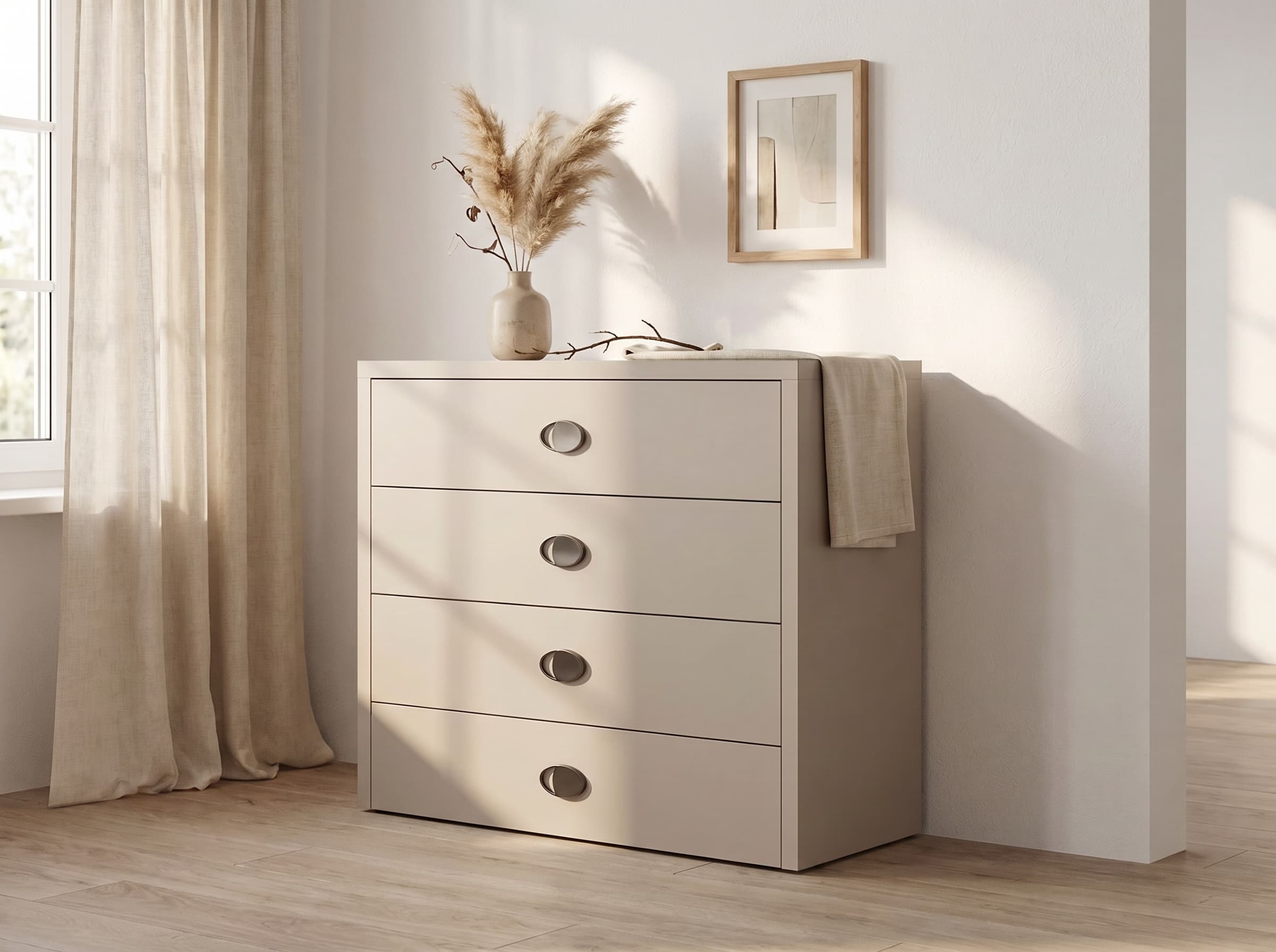 Comoda Fabrik Home Melburn, 4 Sertare, Culoare Cashmir, 1150x900x384 mm, Design Spatios cu Manere Ovale