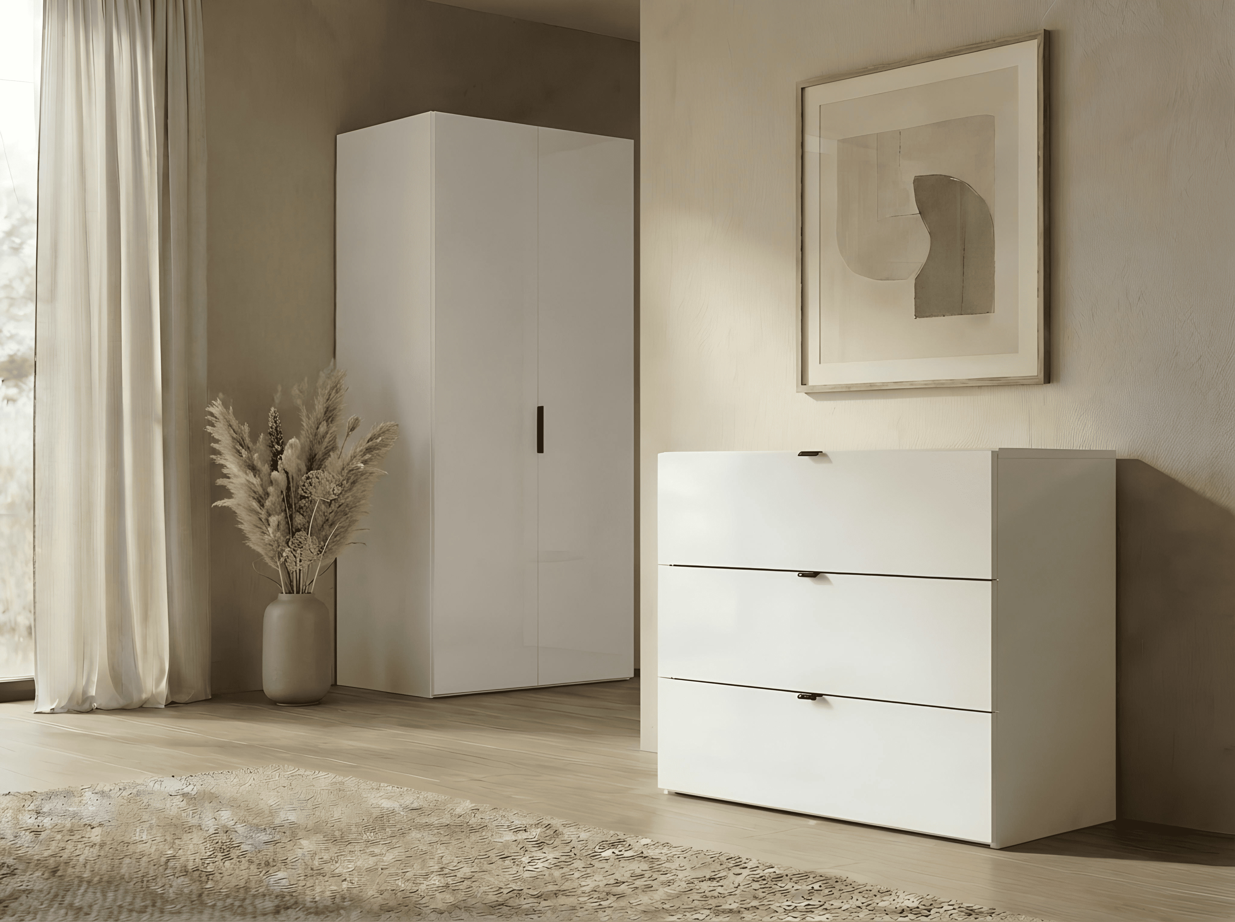 Comoda Fabrik Home HARDY, 3 Sertare, Fronturi din MDF, Design Elegant cu Manere Rafinate, Culoare Frasin Alb