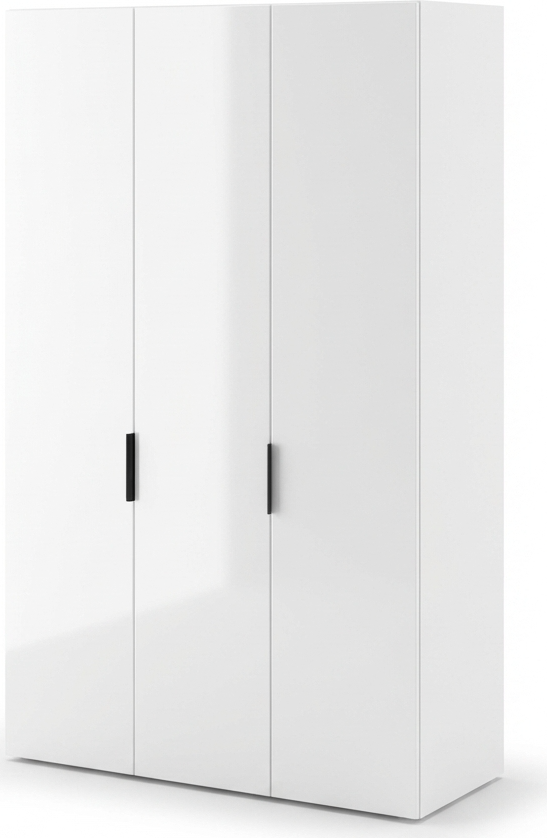 Шкаф Fabrik Home Hardy 1350, 3-дверный распашной из МДФ, белый, 1350x2200x550 мм, с 6 полками, штангой для одежды и черными ручками