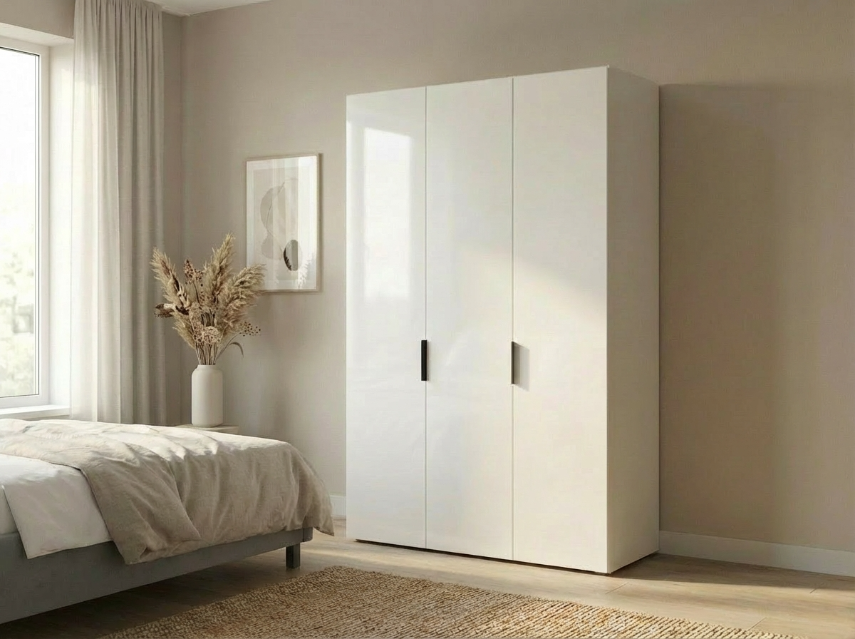 Шкаф Fabrik Home Hardy 1350, 3-дверный распашной из МДФ, белый, 1350x2200x550 мм, с 6 полками, штангой для одежды и черными ручками