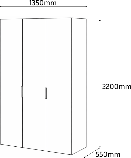 Шкаф Fabrik Home Hardy 1350, Базальт, Двери МДФ, 1350x2200x550 мм, 3 Распашные Двери, 6 Полок, Штанга для Одежды, Выдвижной Ящик