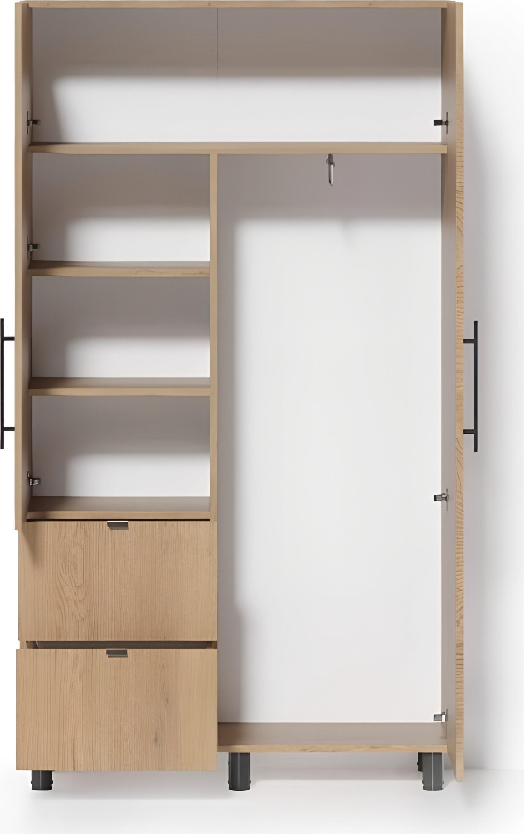 Fabrik Home Dulap 1100 Wardrobe, Oak Color, 18mm Thickness, Hinged Doors with Clothes Rail and Shelves, 2 Extendable Drawers, 1100x2000x500 mm