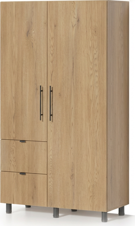 Fabrik Home Dulap 1100 Wardrobe, Oak Color, 18mm Thickness, Hinged Doors with Clothes Rail and Shelves, 2 Extendable Drawers, 1100x2000x500 mm