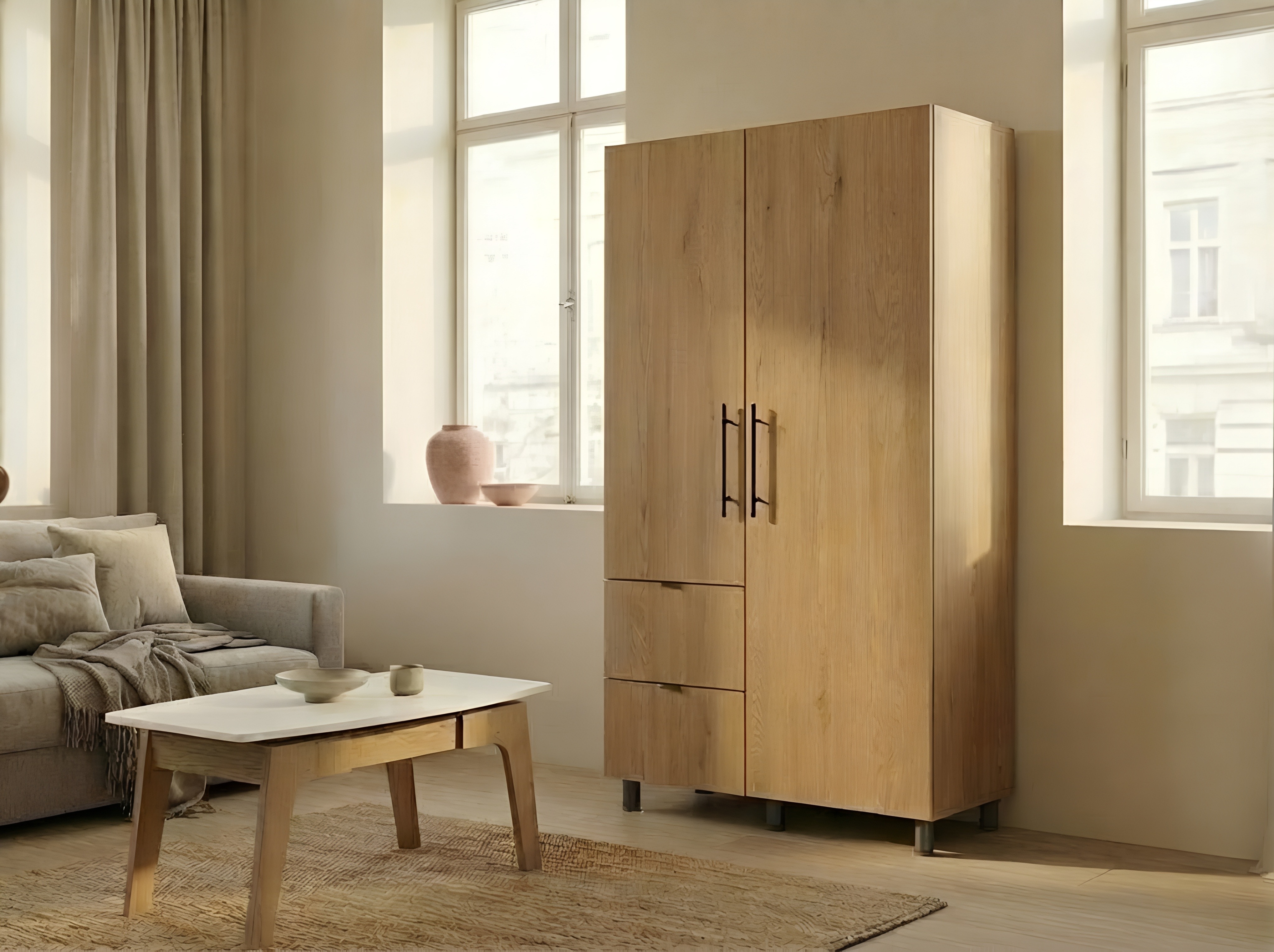 Fabrik Home Dulap 1100 Wardrobe, Oak Color, 18mm Thickness, Hinged Doors with Clothes Rail and Shelves, 2 Extendable Drawers, 1100x2000x500 mm
