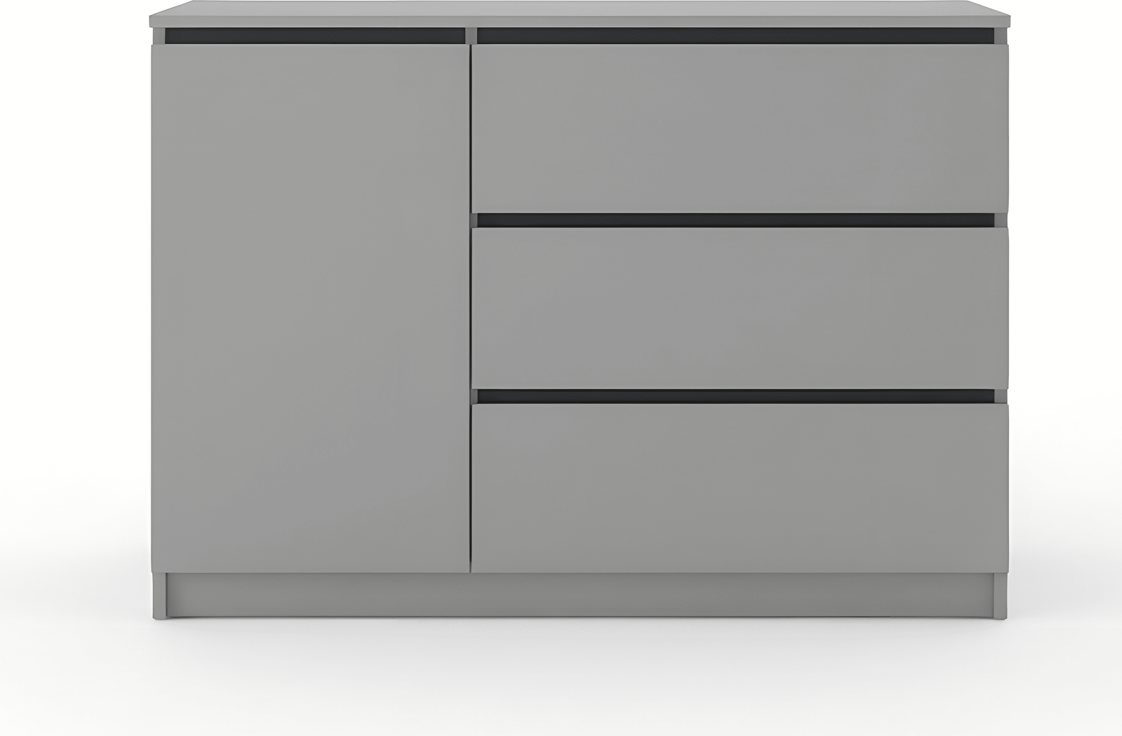 Comoda Fabrik Home Havana, 3 Sertare si 1 Usa cu Raft, PAL Gri, 120x86x38.5 cm, Design Minimalist fara Manere, pentru Dormitor sau Sufragerie