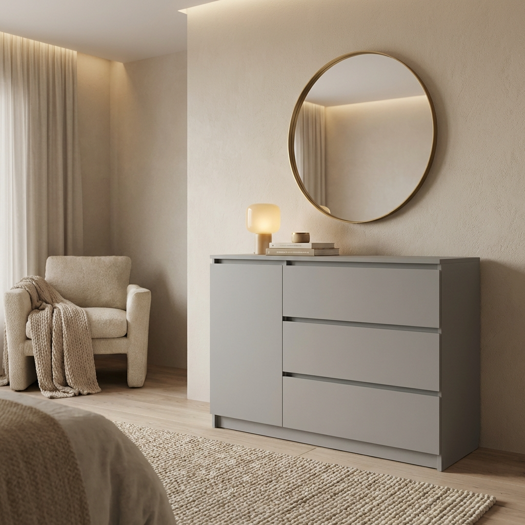 Comoda Fabrik Home Havana, 3 Sertare si 1 Usa cu Raft, PAL Gri, 120x86x38.5 cm, Design Minimalist fara Manere, pentru Dormitor sau Sufragerie