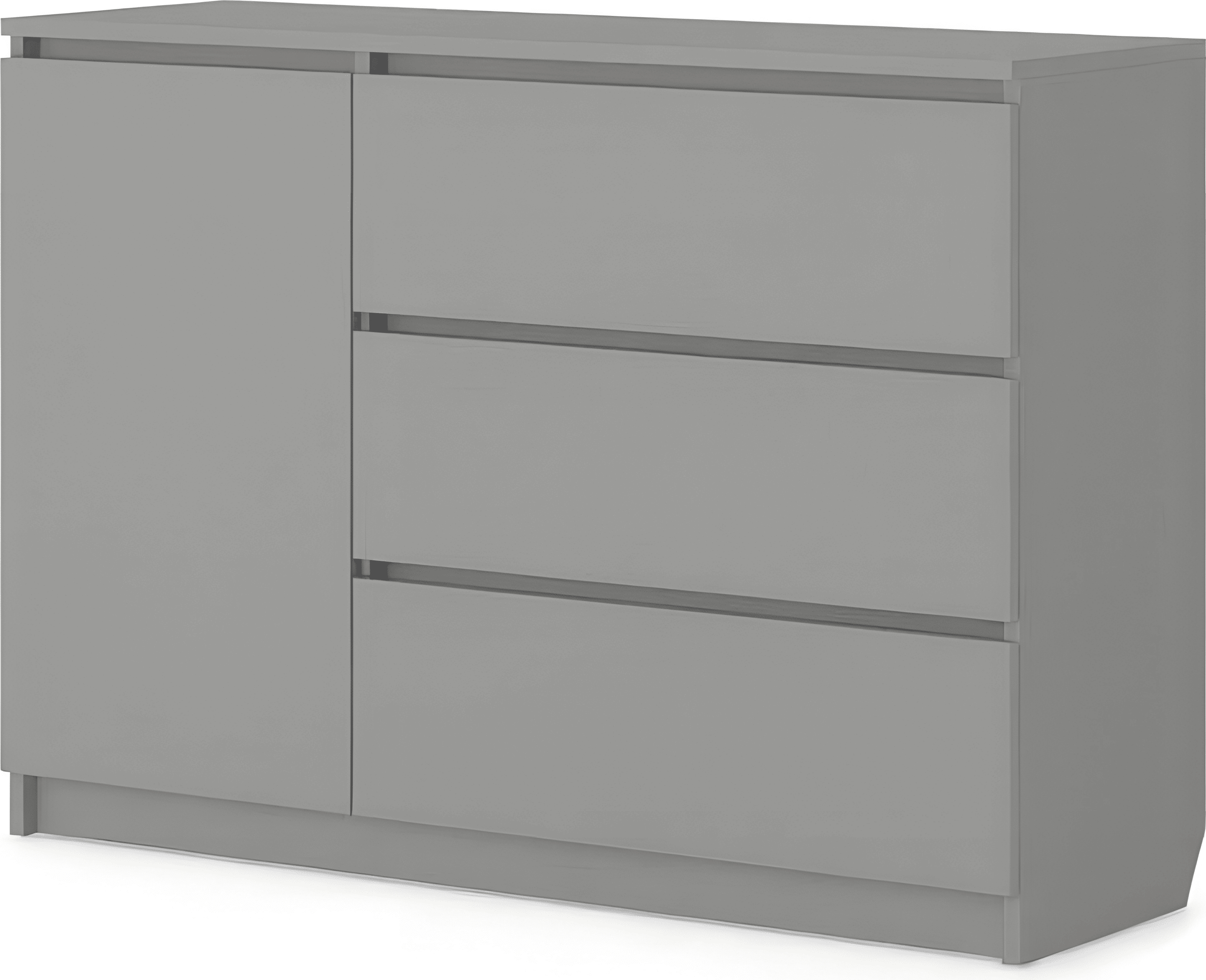 Comoda Fabrik Home Havana, 3 Sertare si 1 Usa cu Raft, PAL Gri, 120x86x38.5 cm, Design Minimalist fara Manere, pentru Dormitor sau Sufragerie