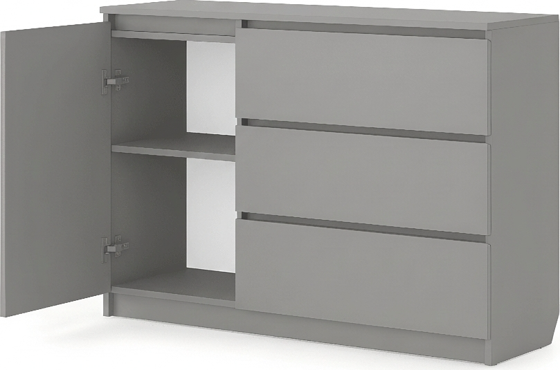 Comoda Fabrik Home Havana, 3 Sertare si 1 Usa cu Raft, PAL Gri, 120x86x38.5 cm, Design Minimalist fara Manere, pentru Dormitor sau Sufragerie