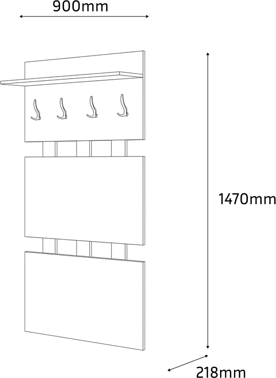 Fabrik Home Modul 10 Wall-Mounted Coat Rack, White Ash LPAL, 4 Hooks, Top Shelf for Hats and Umbrellas, 1470x900x218 mm