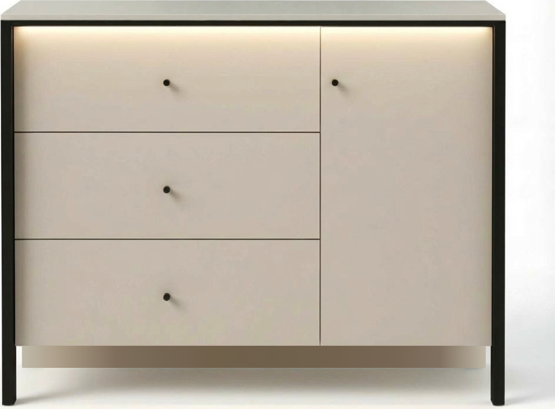 Comoda Fabrik Home Clay, Cashmere, din LPAL, cu Cadru Negru si Butone Circulare, Iluminare Integrata
