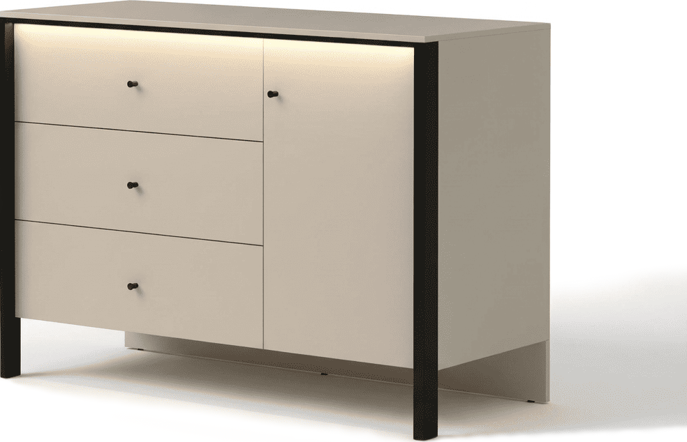 Comoda Fabrik Home Clay, Cashmere, din LPAL, cu Cadru Negru si Butone Circulare, Iluminare Integrata