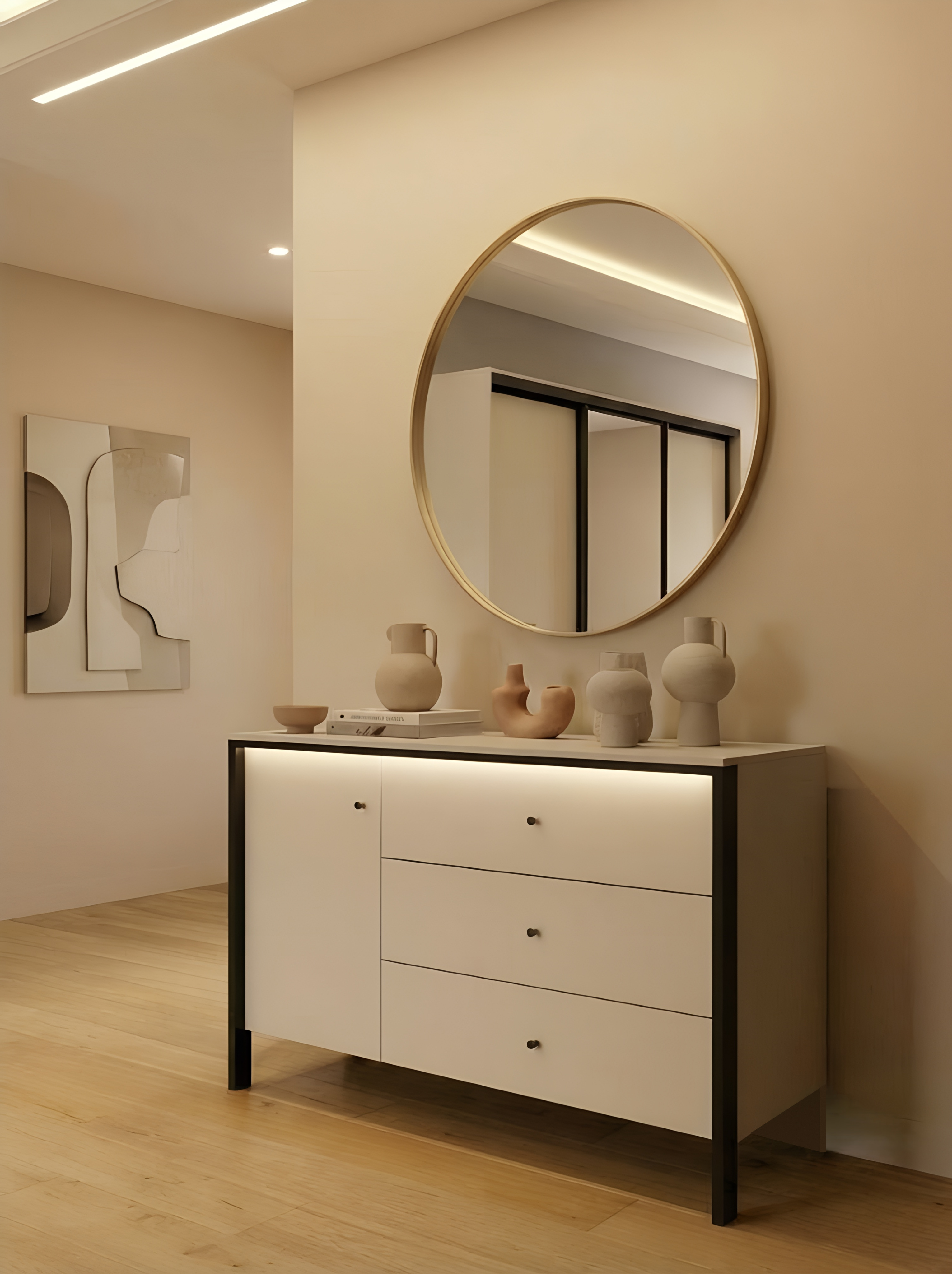 Comoda Fabrik Home Clay, Cashmere, din LPAL, cu Cadru Negru si Butone Circulare, Iluminare Integrata